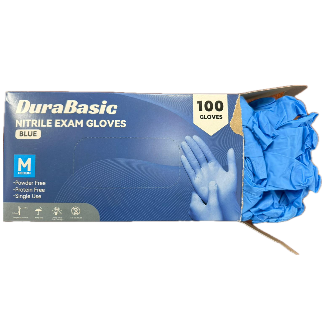 DuraBasic Nitrile Exam Gloves, Blue, Powder Free, Non-Sterile, 100 per box or 1000 per case