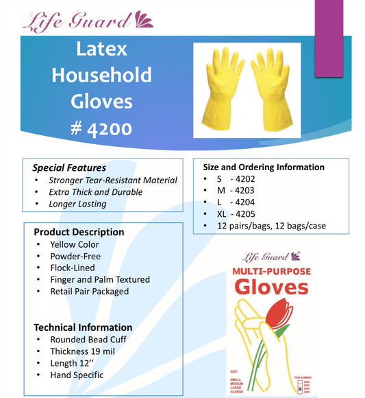 Latex Household Gloves 12” Flock-lined - Yellow