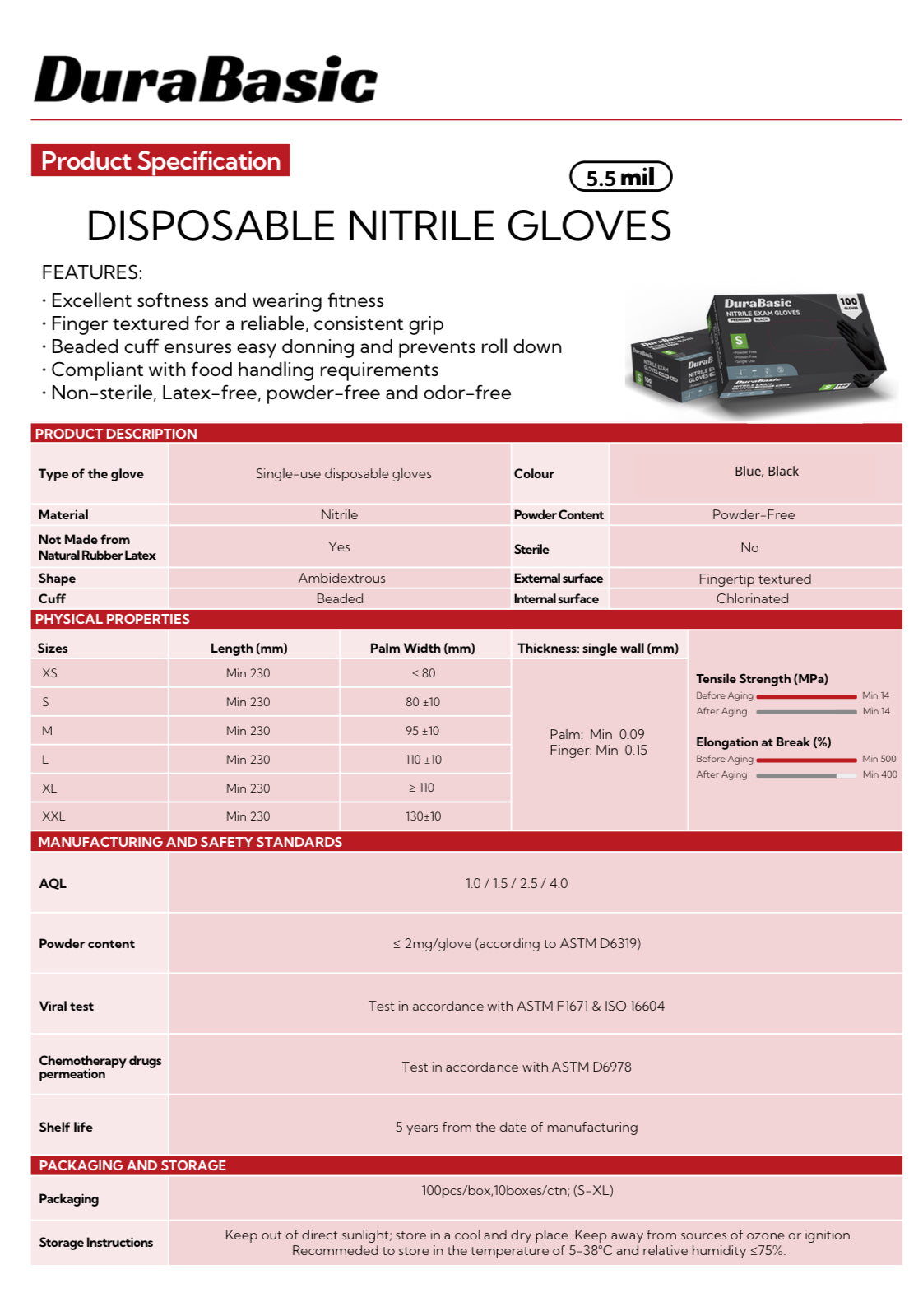 Durabasic Black Nitrile Gloves 5.5 Mil, Textured Fingertips, Disposable, Chemical-Resistant, Latex-Free, Powder-Free, Case Of 1000