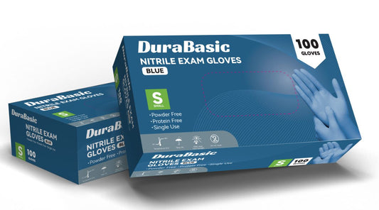 DuraBasic Nitrile Exam Gloves, Blue, Powder Free, Non-Sterile, 100 per box or 1000 per case