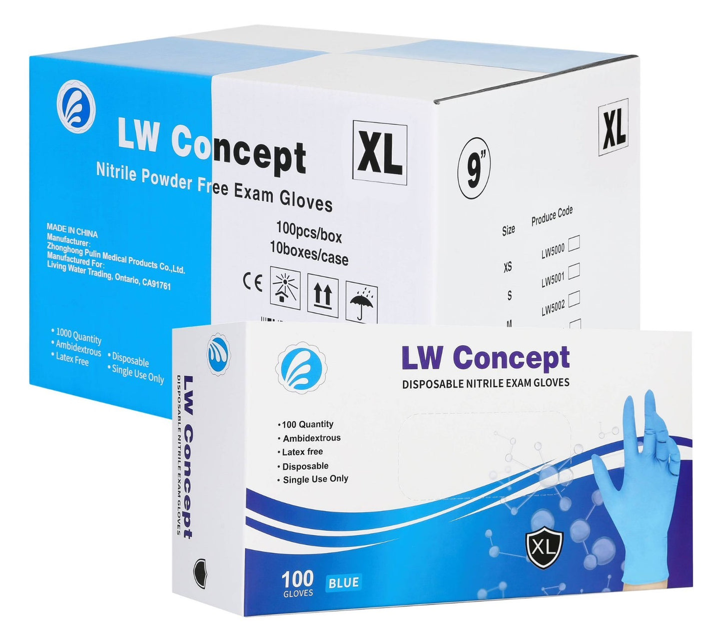 LW Concept 5 mil Blue Nitrile Gloves, Disposable Non-Sterile Latex-Free Powder-Free Glove (1000/case)