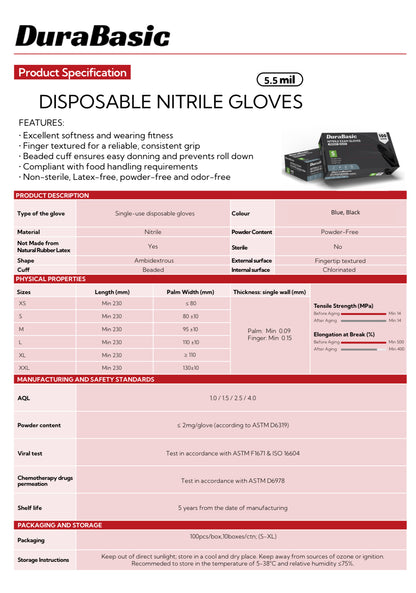 Durabasic Black Nitrile Gloves 5.5 Mil, Textured Fingertips, Disposable, Chemical-Resistant, Latex-Free, Powder-Free, Case Of 1000