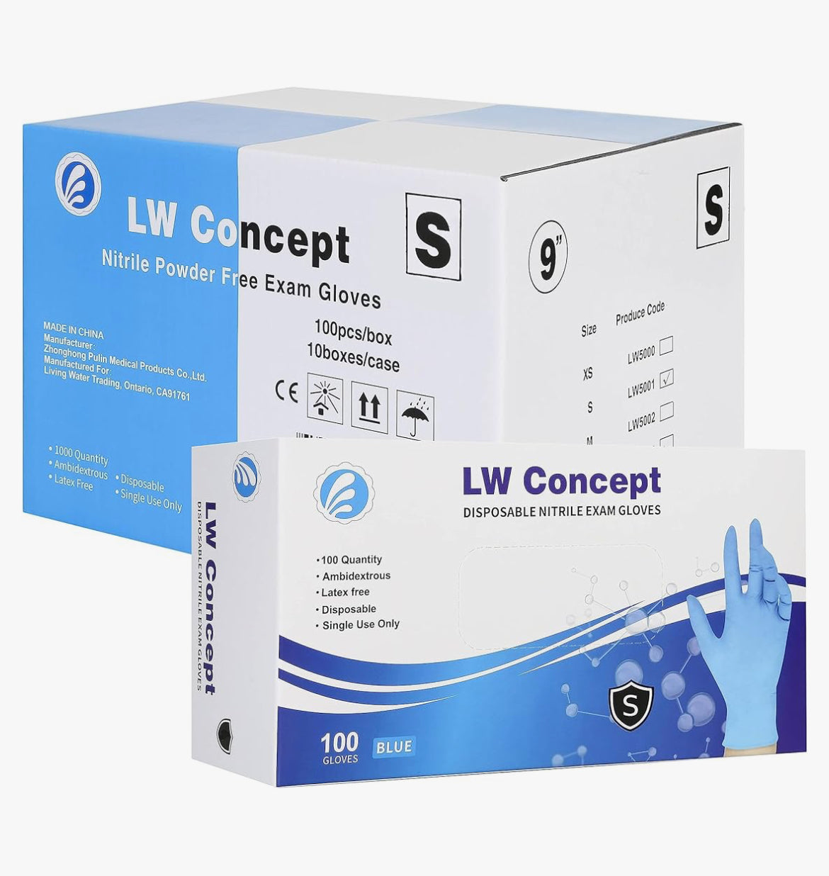 LW Concept 5 mil Blue Nitrile Gloves, Disposable Non-Sterile Latex-Free Powder-Free Glove (1000/case)