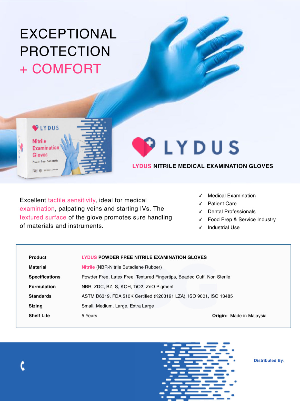 Lydus Nitrile Examination Gloves Powder Free Non-sterile, Blue, Case Of 1000