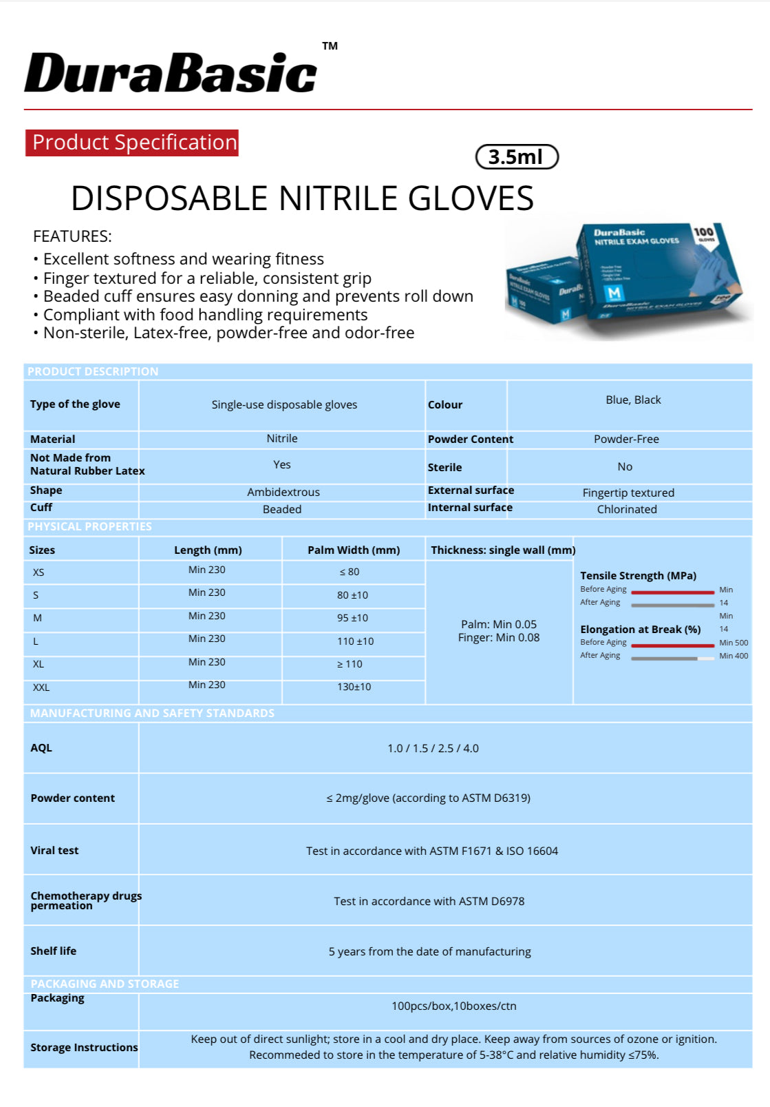 DuraBasic Nitrile Exam Gloves, Blue, Powder Free, Non-Sterile, 100 per box or 1000 per case