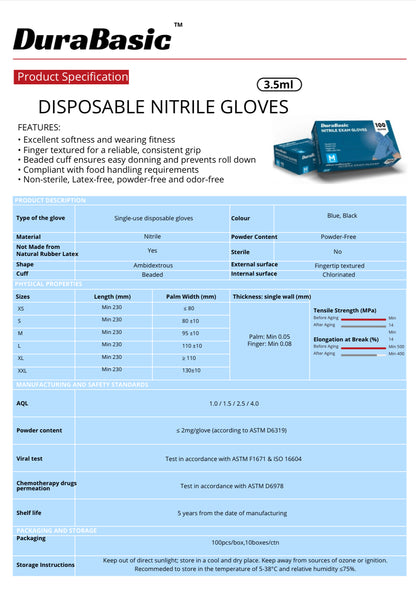 DuraBasic Nitrile Exam Gloves, Blue, Powder Free, Non-Sterile, 100 per box or 1000 per case