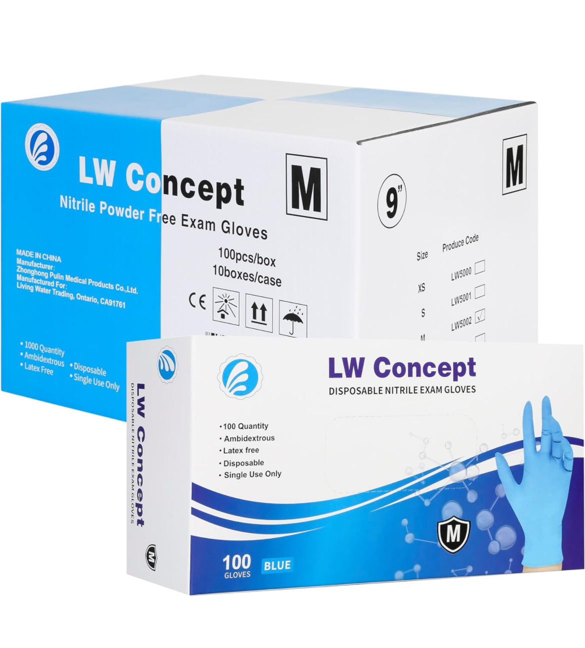 LW Concept 5 mil Blue Nitrile Gloves, Disposable Non-Sterile Latex-Free Powder-Free Glove (1000/case)