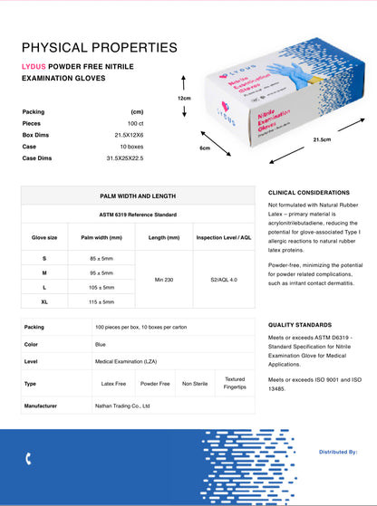 Lydus Nitrile Examination Gloves Powder Free Non-sterile, Blue, Case Of 1000