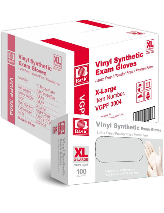 Basic Medical Clear Vinyl Exam Gloves - Latex-Free & Powder-Free, VGPF-3001, VGPF-3002, VGPF-3003, VGPF-3004 (Case of 1,000)