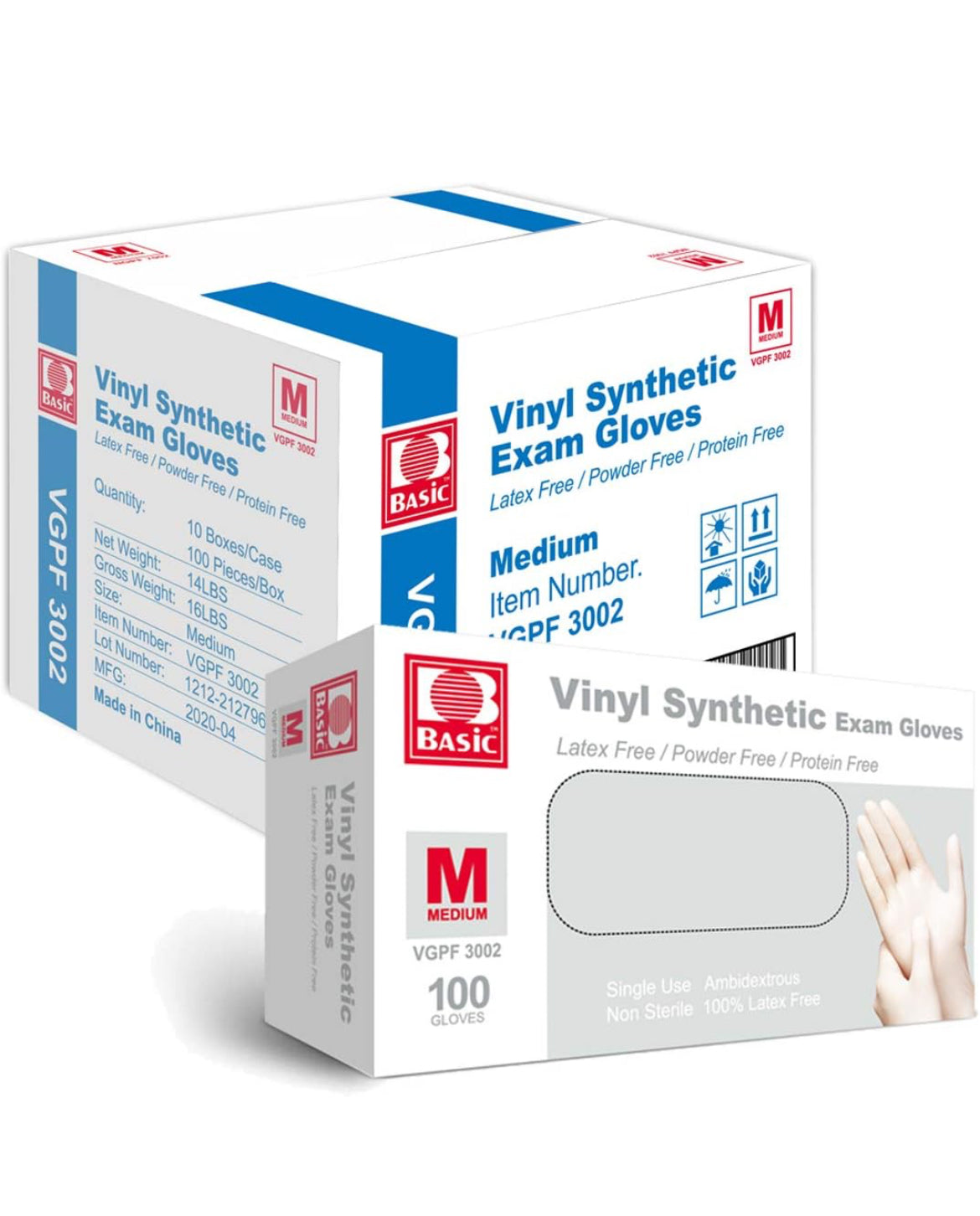 Basic Medical Clear Vinyl Exam Gloves - Latex-Free & Powder-Free, VGPF-3001, VGPF-3002, VGPF-3003, VGPF-3004 (Case of 1,000)