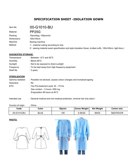 ISOLATION GOWN -BLUE  PP  WITH KNITTED WRIST